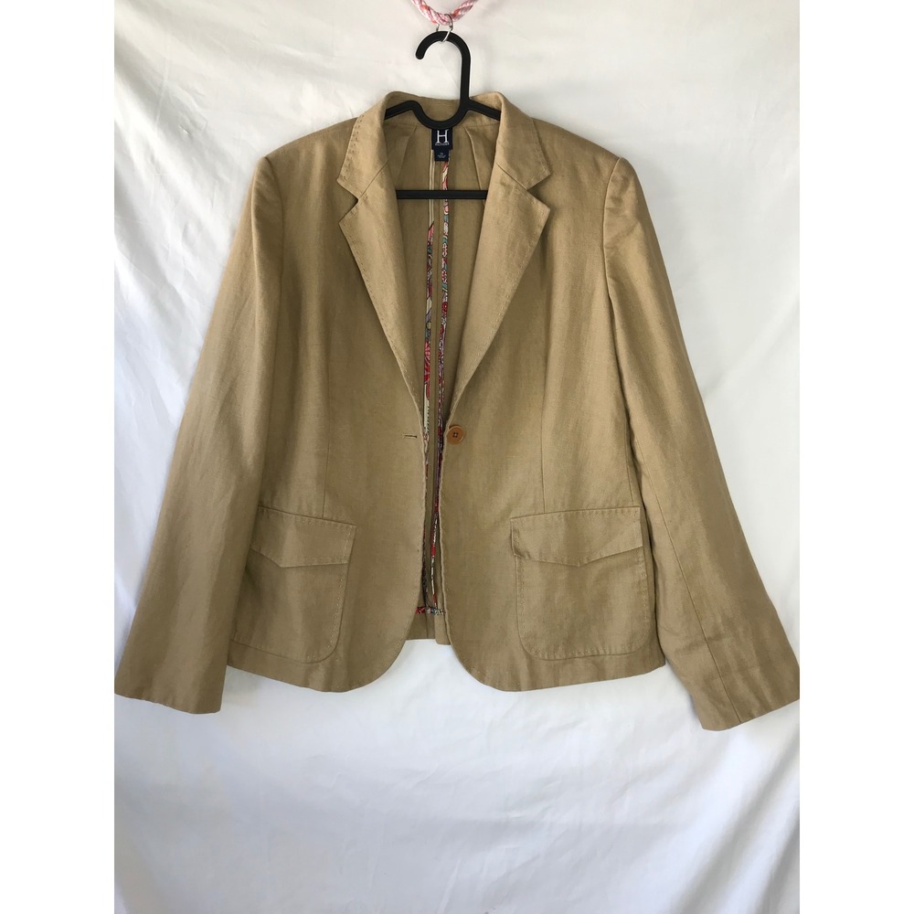 Tommy Hilfiger Women Tan Linen Paisley Lined Single Button Blazer Jacket Sz 10